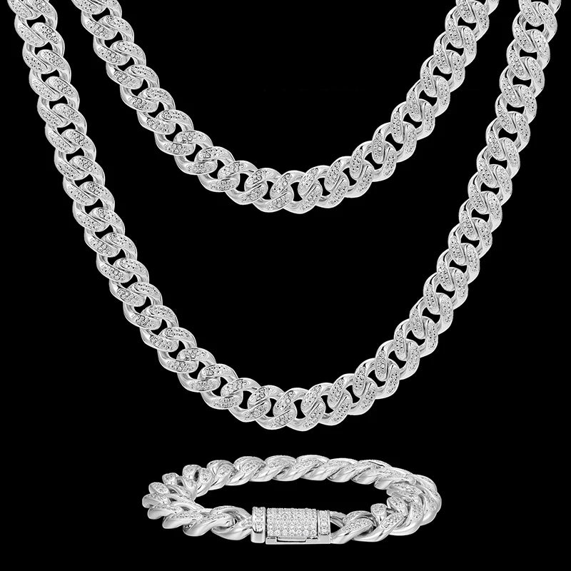 Frosted Cuban Chain & Bracelets (12 mm) – 18k Gold Plated & 925 Sterling Silver